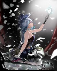 Rule 34 | 1girl, absurdres, ahoge, alternate costume, arm up, asymmetrical gloves, bare arms, bare shoulders, black dress, black gloves, blue eyes, blue hair, blue hat, chain, commentary, dress, from side, furina (genshin impact), genshin impact, gloves, hat, highres, long hair, mismatched gloves, pantyhose, profile, scup, solo, strapless, strapless dress, top hat, very long hair, white gloves, white pantyhose