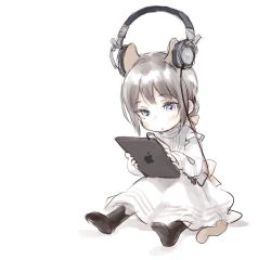 Rule 34 | 1girl, animal ears, apple inc., black legwear, blue eyes, blush, bow, cat ears, cat tail, child, dress, extra ears, female focus, food, fruit, hair bow, headphones, highres, ipad, nenena, original, pink bow, ponytail, silver hair, simple background, sitting, solo, sony, tablet pc, tail, white background, white dress