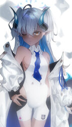 Rule 34 | 1girl, blue archive, breasts, brown eyes, closed mouth, coat, cowboy shot, dark-skinned female, dark skin, dress, grey hair, halo, highres, horns, kangshi, long hair, looking at viewer, one eye closed, open clothes, open coat, pointy ears, purple halo, sideboob, small breasts, solo, sumomo (blue archive), white coat, white dress
