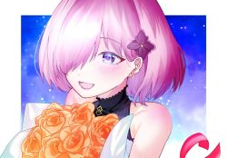 Rule 34 | 1girl, bare shoulders, black neckwear, blush, bouquet, collarbone, commentary request, dress, fate/grand order, fate (series), flower, hair flower, hair ornament, hair over one eye, highres, light purple hair, mash kyrielight, mash kyrielight (under the same sky), official alternate costume, one eye covered, open mouth, orange flower, orange rose, purple eyes, purple flower, rose, short hair, sleeveless, sleeveless dress, smile, solo, t maguo, tongue, under the same sky, upper body, white dress