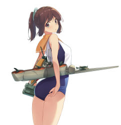 Rule 34 | 1girl, adjusting clothes, adjusting swimsuit, ass, bare shoulders, brown eyes, brown hair, from behind, highres, i-401 (kancolle), kantai collection, looking at viewer, looking back, one-piece swimsuit, oweee, ponytail, sailor collar, school swimsuit, short hair, short ponytail, simple background, solo, swimsuit, tan, weapon, white background