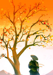 Rule 34 | 1boy, ajirogasa, beard, chinese commentary, commentary request, facial hair, facing away, final fantasy, final fantasy xiv, food, from behind, fruit, gosetsu daito, gradient sky, hand up, hat, highres, male focus, mountain, orange sky, outdoors, persimmon, roegadyn, rope, samurai (final fantasy), scenery, sky, solo, standing, tassel, tree, wide shot, wind, wuliu heihuo