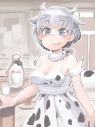 Rule 34 | 1girl, absurdres, animal ears, animal print, bare shoulders, bottle, breasts, cow ears, cow girl, cow horns, cow print, cow tail, dress, grey eyes, grey hair, hare (tetterutei), highres, horns, large breasts, milk, milk bottle, original, parted lips, short hair, smile, solo, standing, tail, white dress