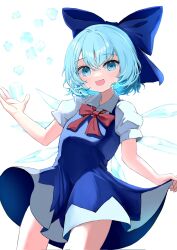 Rule 34 | 1girl, :d, blue bow, blue dress, blue eyes, bow, cirno, commentary request, detached wings, dress, hair bow, highres, ice, ice wings, looking at viewer, mikan (manmarumikan), open mouth, short sleeves, simple background, smile, solo, touhou, white background, wings
