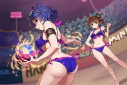 Rule 34 | 2girls, ahoge, antenna hair, armband, ass, audience, aura, ball, beach volleyball, bikini, blue hair, bow, breasts, brown eyes, brown hair, commentary, dark sky, drill hair, eyewear on head, glasses, hair bow, hand on own hip, holding, holding ball, idolmaster, idolmaster million live!, idolmaster million live! theater days, kamille (vcx68), large breasts, midriff, multiple girls, navel, outdoors, playing sports, purple bikini, purple eyes, short hair, side drill, side ponytail, standing, swimsuit, toyokawa fuka, volleyball, volleyball (object), yokoyama nao
