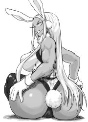 Rule 34 | 1girl, animal ears, ass, bare arms, bare shoulders, boku no hero academia, breasts, dark-skinned female, dark skin, dekosukentr, from behind, greyscale, hand on own ass, highres, huge ass, large breasts, leotard, long hair, looking at viewer, mirko, monochrome, muscular, muscular female, rabbit ears, rabbit girl, rabbit tail, simple background, sitting, sleeveless, solo, tail, teeth, thighhighs, thong leotard, white background