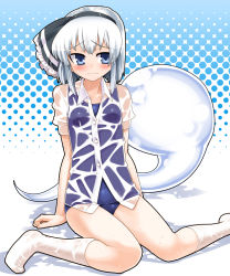 Rule 34 | 1girl, bad id, bad pixiv id, blue eyes, blush, female focus, gengorou, ghost, halftone, halftone background, highres, hitodama, kneehighs, konpaku youmu, konpaku youmu (ghost), no pants, one-piece swimsuit, school swimsuit, see-through, shiny clothes, shirt, short hair, silver hair, sitting, socks, solo, swimsuit, swimsuit under clothes, touhou, wariza, wavy mouth, wet, wet clothes, wet shirt, white socks