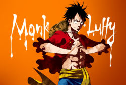 Rule 34 | 1boy, abs, black hair, character name, eilinna, food, fruit, gradient background, hat, male focus, monkey d. luffy, muscular, one piece, open clothes, open shirt, orange (fruit), red shirt, sash, scar, shirt, solo, straw hat