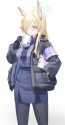 Rule 34 | 1girl, absurdres, animal ear fluff, animal ears, black gloves, black pantyhose, blonde hair, blue archive, blue eyes, blue necktie, blue shirt, blue skirt, blush, cake walker, carrying, carrying under arm, coffee mug, cowboy shot, cup, dog ears, extra ears, front slit, gloves, hair over one eye, halo, hand in pocket, highres, holding, holding cup, jacket, kanna (blue archive), long hair, long sleeves, mug, necktie, notched ear, notepad, open clothes, open jacket, pantyhose, paw print, pencil skirt, police, police uniform, policewoman, puffy long sleeves, puffy sleeves, sharp teeth, shirt, sidelocks, simple background, skirt, solo, sweatdrop, teeth, tie clip, uniform, upper body