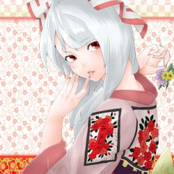 Rule 34 | 1girl, bad id, bad pixiv id, bow, female focus, flower, fujiwara no mokou, hair bow, hair ornament, hand to own mouth, japanese clothes, kanzashi, kimono, looking back, nail polish, red eyes, solo, somsom, touhou, upper body, white hair
