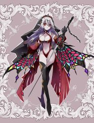 Rule 34 | 1girl, adapted costume, bare shoulders, blazing cartesia the virtuous, breasts, chaya mago, cleavage, detached sleeves, duel monster, ecclesia (yu-gi-oh!), full body, gauntlets, grey hair, highres, holding, holding sword, holding weapon, large breasts, long hair, pale skin, pointy ears, red eyes, slingshot swimsuit, solo, stomach, swimsuit, sword, thighhighs, veil, weapon, yu-gi-oh!