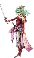 Rule 34 | 1990s (style), alternate costume, cape, dissidia final fantasy, final fantasy, final fantasy vi, green hair, retro artstyle, simple background, sword, third-party edit, tina branford, weapon