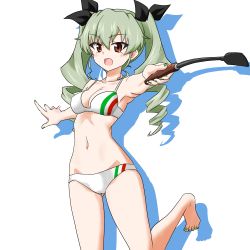 Rule 34 | 1girl, absurdres, anchovy (girls und panzer), barefoot, bikini, black ribbon, breasts, drill hair, drops mint, female focus, girls und panzer, green hair, green nails, hair ribbon, highres, holding, long hair, looking at viewer, medium breasts, nail polish, navel, open mouth, red eyes, ribbon, riding crop, silhouette, simple background, smile, solo, standing, swimsuit, twin drills, twintails, white background, white bikini