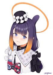 Rule 34 | 1girl, absurdres, black bow, bow, cropped torso, floral print, gradient hair, halo, hat, highres, hololive, hololive english, long hair, multicolored hair, ninomae ina&#039;nis, ninomae ina&#039;nis (party dress), print bow, purple hair, rinfamm, simple background, solo, twitter username, virtual youtuber, white background, white bow, yellow eyes