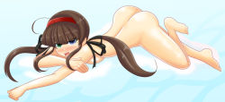 Rule 34 | 1girl, angry, ass, back, barefoot, black bow, blue eyes, blush, bow, breast press, breasts, brown hair, completely nude, embarrassed, green eyes, hairband, heterochromia, highres, long hair, looking at viewer, lying, meuwel, nude, on stomach, open mouth, red hairband, ryoubi (senran kagura), senran kagura, tagme, twintails