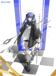 Rule 34 | 1girl, absurdres, arknights, black footwear, black gloves, black jacket, black shorts, blue eyes, blue hair, boots, character name, checkered floor, closed mouth, commentary request, countryman (artist), gloves, hair between eyes, halo, highres, holding, horns, jacket, long hair, long sleeves, mostima (arknights), open clothes, open jacket, shirt, short shorts, shorts, sleeves past wrists, smile, solo, tail, walking, white shirt