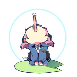 Rule 34 | :&lt;, arknights, arm pouch, artist name, blue footwear, blue jacket, blue poison (arknights), bug, circle, commentary, frog girl, hood, hood up, hooded jacket, jacket, karilometer, lily pad, long tongue, looking up, low twintails, pink hair, shoes, simple background, solo, squatting, tongue, twintails, white background