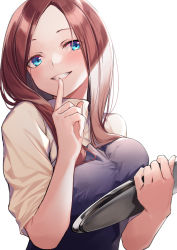 Rule 34 | 1girl, absurdres, aged up, apron, blue apron, blue eyes, blush, brown hair, commentary request, eyes visible through hair, facing viewer, finger to mouth, go-toubun no hanayome, hachiroku (hatirokusann86), highres, holding, holding tray, long hair, nakano miku, open mouth, shirt, short sleeves, simple background, smile, solo, teeth, tray, upper body, white background, white shirt