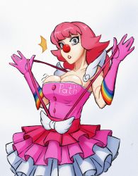 Rule 34 | 1girl, absurdres, ace attorney, breasts, clothes, clown, clown girl, female focus, geiru toneido, highres, im path, looking at viewer, medium breasts, medium hair, open mouth, panties, phoenix wright: ace attorney - spirit of justice, pink hair, skirt, solo, underwear