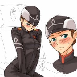 Rule 34 | 00s, 1girl, androgynous, between legs, black bodysuit, black hat, blue eyes, blush, bodysuit, breasts, brown hair, closed mouth, embarrassed, eureka seven, eureka seven (series), frown, hand between legs, hat, head tilt, looking at viewer, looking down, maria schneider, mosha, multiple views, partially colored, short hair, simple background, sitting, small breasts, sweat, translated, v arms, white background