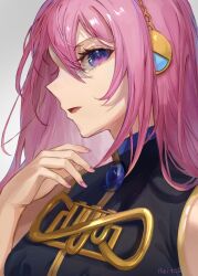 Rule 34 | 1girl, bare arms, bare shoulders, black vest, blue eyes, commentary request, eyelashes, from side, gold trim, gradient background, hair between eyes, hand up, headset, highres, long hair, looking at viewer, megurine luka, open mouth, pink hair, pink nails, profile, reitou, solo, turtleneck, upper body, vest, vocaloid