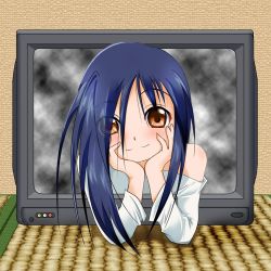 Rule 34 | azumawari (azumofu), blue hair, blush, hair over one eye, long hair, looking at viewer, smile, tagme, television, the ring, yamamura sadako