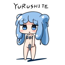 Rule 34 | 1girl, 2018, barefoot, blue eyes, blue hair, blush, blush stickers, chibi, collarbone, commentary request, convenient censoring, double bun, full body, groin, hair bun, half slime-chan, hana kazari, long hair, looking at viewer, monster girl, navel, nude, original, parted lips, romaji text, slime girl, solo, standing, translation request, white background