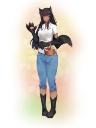 Rule 34 | 1girl, animal ears, animal hands, anubis (monster girl encyclopedia), apple, basket, black hair, blue pants, blue shorts, breasts, cheese, claws, collar, collared shirt, commentary, commission, curvy, denim, denim shorts, english commentary, food, fruit, full body, fur, hand up, head tilt, highres, jeans, large breasts, lettuce, long hair, looking at viewer, minokyu, monster girl, monster girl encyclopedia, no shoes, pants, parted lips, picnic basket, pigeon-toed, pink background, raw meat, red eyes, shirt, short sleeves, shorts, smile, solo, standing, tail, waving, white shirt, wolf ears, wolf tail