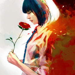 Rule 34 | 1girl, abstract, black hair, blue necktie, closed eyes, closed mouth, collared shirt, dress shirt, flower, from side, holding, holding flower, long sleeves, necktie, nose, original, profile, red flower, red lips, shirt, short hair, simple background, solo, striped necktie, striped neckwear, upper body, wataboku, white background, white shirt, wing collar