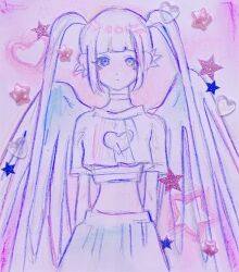 Rule 34 | 1girl, :|, arms behind back, blunt bangs, choker, closed mouth, cropped shirt, earrings, feathered wings, heart, highres, jewelry, long hair, multicolored background, multiple earrings, original, pastel colors, short sleeves, skirt, solo, star (symbol), straight-on, traditional media, twintails, very long hair, wings, yosh1to
