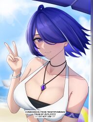 1girl acheron_(honkai:_star_rail) alternate_hair_length alternate_hairstyle arm_strap ball bare_shoulders beachball blue_sky blurry blurry_background blush breasts cleavage closed_mouth collarbone commentary commission day diamond-shaped_pupils diamond_(shape) english_commentary front-tie_top hair_over_one_eye halterneck highres honkai:_star_rail honkai_(series) jewelry large_breasts looking_at_viewer multicolored_hair necklace outdoors purple_eyes purple_hair short_hair sky smile solo streaked_hair symbol-shaped_pupils upper_body v vgen_commission volpizzz