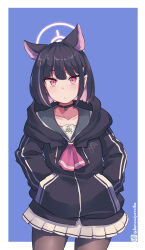 Rule 34 | 1girl, animal ears, black choker, black hair, black jacket, black sailor collar, blue archive, blue background, brown pantyhose, choker, closed mouth, drawstring, eyebrows hidden by hair, hair ornament, hairclip, halo, hands in pockets, hood, hood down, hooded jacket, jacket, kazusa (blue archive), kuromiya, multicolored hair, one-hour drawing challenge, pantyhose, pink hair, pleated skirt, red eyes, sailor collar, school uniform, serafuku, skirt, solo, standing, twitter username, two-tone background, two-tone hair, white background, white skirt
