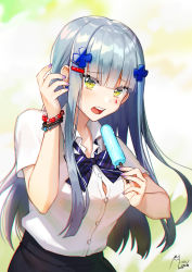 Rule 34 | 1girl, alternate costume, blue bow, blue neckwear, blunt bangs, blurry, blurry background, blush, bow, bowtie, bracelet, breasts, button gap, collared shirt, commentary request, depth of field, dress shirt, earrings, eyelashes, facial mark, food, girls&#039; frontline, green eyes, hair ornament, hairclip, hand up, heart, highres, hk416 (girls&#039; frontline), holding, holding food, jewelry, long hair, looking at viewer, medium breasts, melting, nail polish, noixen, open mouth, popsicle, purple nails, shirt, short sleeves, signature, silver hair, straight hair, striped bow, striped bowtie, striped clothes, striped neckwear, teeth, upper body, upper teeth only, very long hair, white shirt