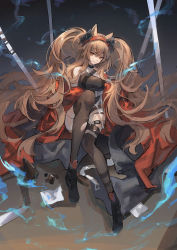 Rule 34 | 1girl, angelina (arknights), animal ears, arknights, aura, black choker, black footwear, black shirt, black thighhighs, boots, breasts, brown hair, chinese commentary, choker, closed mouth, coat, dadijiji, expressionless, fox ears, from above, full body, hair between eyes, hairband, highres, long hair, looking at viewer, medium breasts, off shoulder, orange eyes, red coat, rubble, shirt, sleeveless, sleeveless shirt, solo, staff, strap, taut clothes, thighhighs, thighs, torn clothes, torn thighhighs, twintails, very long hair