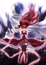 Rule 34 | 10s, 2girls, blue hair, boots, cape, closed eyes, gloves, long hair, magical girl, mahou shoujo madoka magica, mahou shoujo madoka magica (anime), miki sayaka, multiple girls, own hands clasped, own hands together, polearm, praying, red hair, sakura kyoko, shinhwe, short hair, spear, thighhighs, weapon, white gloves