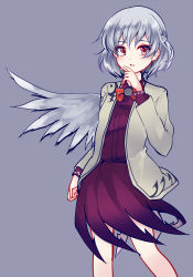 Rule 34 | 1girl, blue background, bow, bowtie, braid, brooch, collared shirt, ears, feathered wings, french braid, grey background, grey hair, jacket, jewelry, kishin sagume, legs, long sleeves, looking at viewer, nose, open mouth, red eyes, shirt, short hair, simple background, single wing, skirt, solo, standing, touhou, uranaishi (miraura), wings