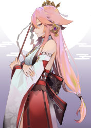 Rule 34 | 1girl, absurdres, animal ears, crossed arms, detached sleeves, earrings, fox ears, genshin impact, highres, japanese clothes, jewelry, long hair, low-tied long hair, miko, nontraditional miko, pink hair, priestess, purple eyes, sirorosan, smile, solo, vision (genshin impact), wide sleeves, yae miko
