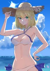Rule 34 | 1girl, :o, alternate hairstyle, artoria pendragon (fate), artoria pendragon (swimsuit archer) (fate), artoria pendragon (swimsuit archer) (first ascension) (fate), bikini, blonde hair, blue sky, blush, breasts, cloud, collarbone, commentary request, day, fate/grand order, fate/stay night, fate (series), green eyes, hat, highres, kei201107, looking at viewer, medium breasts, navel, ocean, outdoors, parted lips, short hair, sky, solo, straw hat, sun hat, sunlight, swimsuit, water, white bikini