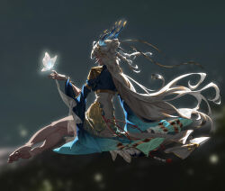 Rule 34 | 1girl, absurdres, blue horns, blurry, blurry background, bug, butterfly, butterfly on hand, cheese kang, closed eyes, facing away, gold trim, hair ornament, hair ribbon, highres, horns, insect, long hair, long sleeves, ribbon, sitting, solo, very long hair, white butterfly, white hair
