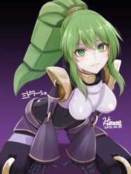 Rule 34 | 1girl, android, breasts, doll joints, duel monster, el shaddoll winda, empty eyes, green eyes, green hair, grin, hair between eyes, hiruno, joints, long hair, looking at viewer, medium breasts, ponytail, smile, solo, yu-gi-oh!