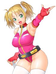 Rule 34 | 1girl, :d, armpits, bare shoulders, breasts, brown hair, cowboy shot, elbow gloves, fingerless gloves, gloves, green eyes, gundam, gundam card builder, hair ribbon, hand up, highres, large breasts, leotard, looking at viewer, medium hair, onsoku inu, open mouth, pink leotard, red gloves, reiko holinger, ribbon, simple background, skindentation, smile, solo, standing, thighhighs, twintails, white background, white ribbon, white thighhighs