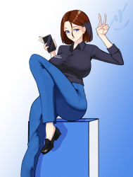 Rule 34 | 1girl, 47 hard, artist name, blue background, blue eyes, breasts, brown hair, denim, gradient background, highres, jeans, large breasts, looking at viewer, pants, phone, samsung, samsung sam, shoes, short hair, simple background, sitting, solo, uniform, victory pose, watermark, white background