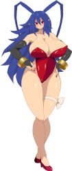 Rule 34 | 1girl, bare shoulders, breasts, cleavage, disgaea, dismania (xenoman), elbow gloves, full body, genderswap, genderswap (mtf), gloves, highres, huge breasts, laharl-chan, leotard, long hair, red eyes, shiny skin, smile, solo, thick thighs, thighs