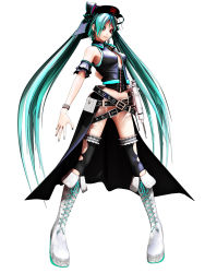Rule 34 | 1girl, aqua eyes, aqua hair, belt, boots, breasts, calne ca (deino), cosplay, cross-laced footwear, deino (deino3330), female focus, full body, hair ribbon, hat, hatsune miku, hatsune miku (cosplay), heterochromia, highres, knee boots, lace-up boots, long hair, medium breasts, no panties, red eyes, ribbon, simple background, solo, thighhighs, torn clothes, torn thighhighs, twintails, vocaloid, white background