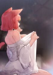 Rule 34 | 1girl, animal ears, breasts, cat ears, cat tail, commentary, from side, hands up, highres, large breasts, lingxia, long sleeves, looking away, naked robe, off shoulder, original, pink hair, robe, short hair, sitting, solo, symbol-only commentary, tail