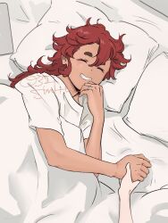 Rule 34 | 0321smith, 2girls, artist name, closed eyes, commentary request, dark-skinned female, dark skin, female focus, grin, gundam, gundam suisei no majo, holding hands, jewelry, long hair, miorine rembran, multiple girls, on bed, pillow, red hair, ring, scar, scar on face, shirt, short sleeves, smile, suletta mercury, thick eyebrows, under covers, wedding ring, white shirt, wife and wife, yuri