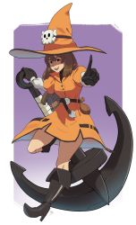Rule 34 | 1girl, anchor, belt, black gloves, boots, brown hair, dress, francisco mon, full body, gloves, guilty gear, hair between eyes, hat, high heel boots, high heels, highres, knee boots, may (guilty gear), open mouth, orange dress, orange eyes, pointing, pouch, signature, smile, solo, witch hat