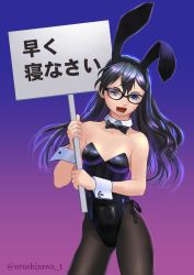 Rule 34 | 1girl, animal ears, black bow, black bowtie, black hair, black leotard, black pantyhose, blue background, blue eyes, bow, bowtie, breasts, commentary request, cowboy shot, detached collar, fake animal ears, glasses, gradient background, highres, kantai collection, leotard, long hair, looking at viewer, lower teeth only, ooyodo (kancolle), open mouth, pantyhose, placard, playboy bunny, purple background, rabbit ears, sign, small breasts, smile, solo, strapless, strapless leotard, teeth, translated, twitter username, urushizawa takayuki, wrist cuffs