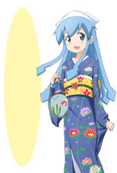 Rule 34 | 1girl, bag, blue eyes, blue hair, hat, highres, ikamusume, japanese clothes, kimono, kinfuji, long hair, shinryaku! ikamusume, solo, squid hat, tentacle hair