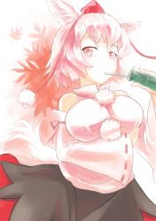 Rule 34 | 1girl, animal ears, bare shoulders, breast lift, breasts, can, detached sleeves, drinking straw, female focus, hat, inubashiri momiji, large breasts, red eyes, short hair, sinzan, solo, tail, tokin hat, touhou, white hair, wolf ears, wolf tail
